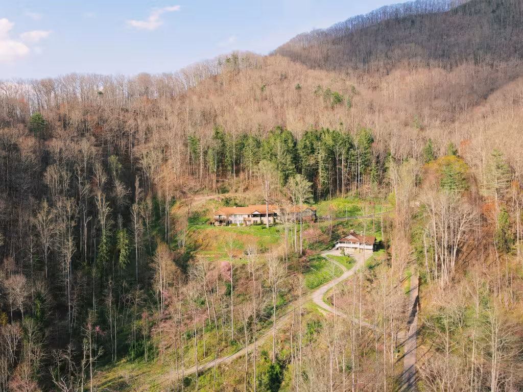 The lodge on its ridge, surrounded by forest, from the air