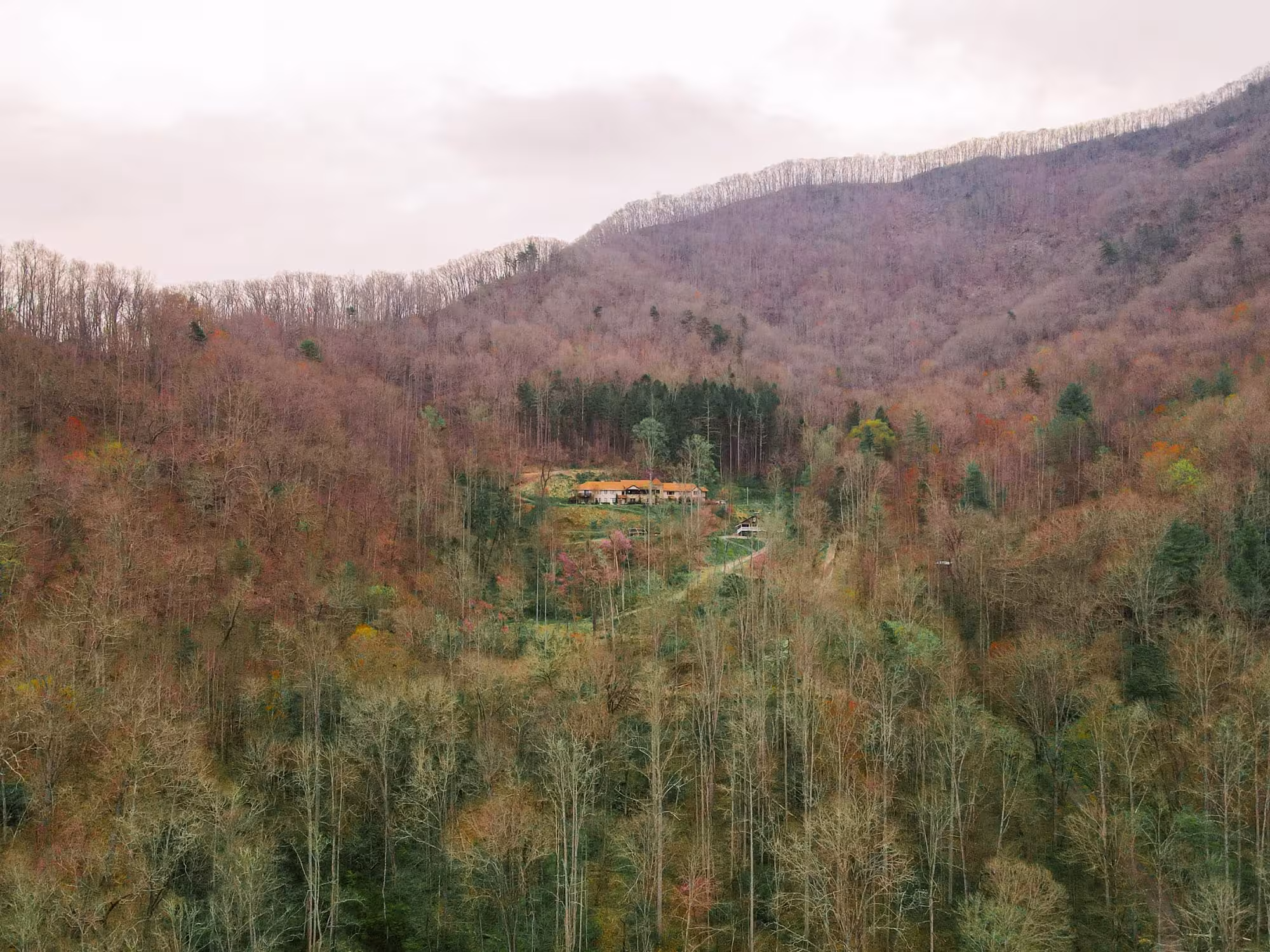 Forested ridges around the lodge seen from the air