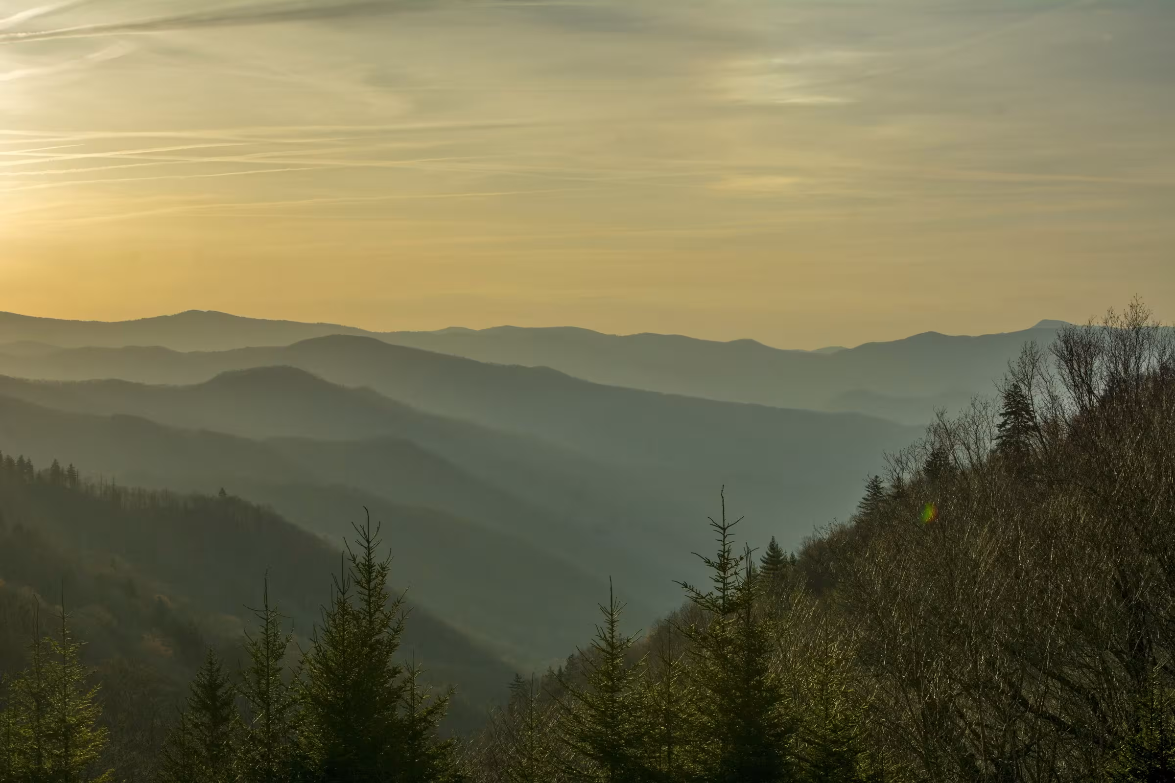 Sunrise over layer after layer of blue ridges from the Oconaluftee Valley Overlook on Newfound Gap Road, Great Smoky Mountains National Park