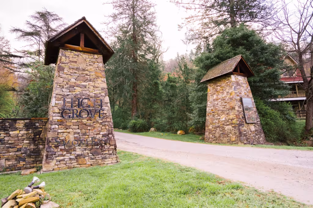 Stone gate pillars at the entrance road
