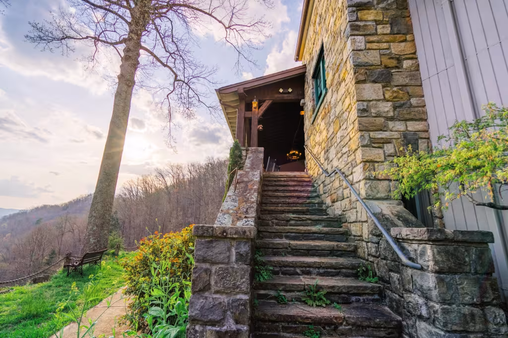 Stone stairs on the front of the lodge
