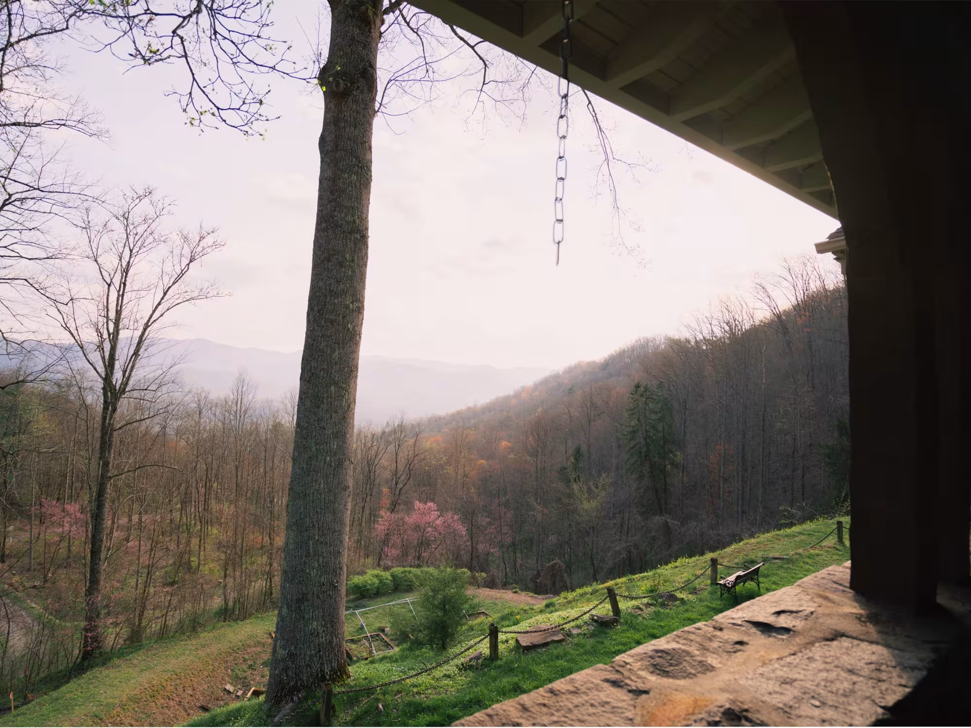 View of the Great Smoky Mountains from the lodge's covered patio in spring